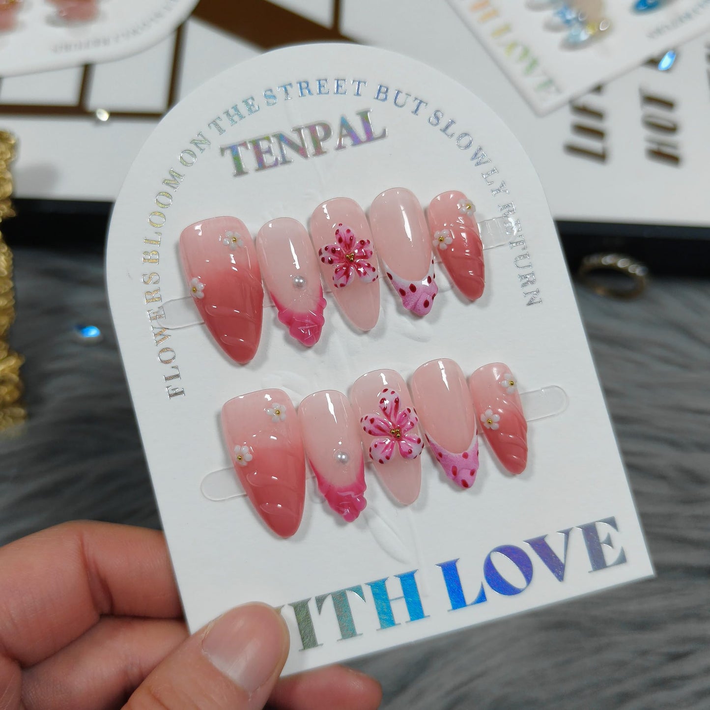 TENPAL Almond Press on Nails - Pink French Ombre & 3D Texture with Polka Dot & Wave Carving, Reusable & Handmade False Nails for Spring Summer | Sweet Watercolor Style(L）