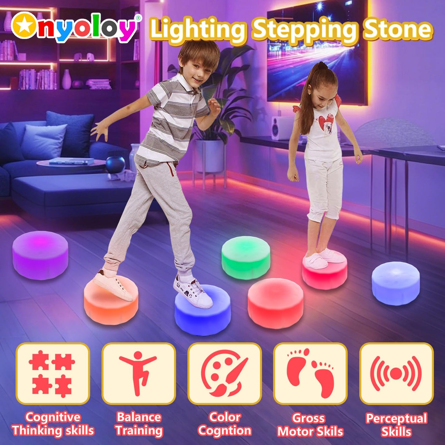 Onyoloy Kids Light Up Stepping Stones - 6 Non-Slip Stepping Stones, Each with 7 LED Light Colors, Indoor Obstacle Training Balance Stepping Stone Toys for Kids Ages 3 and Up.
