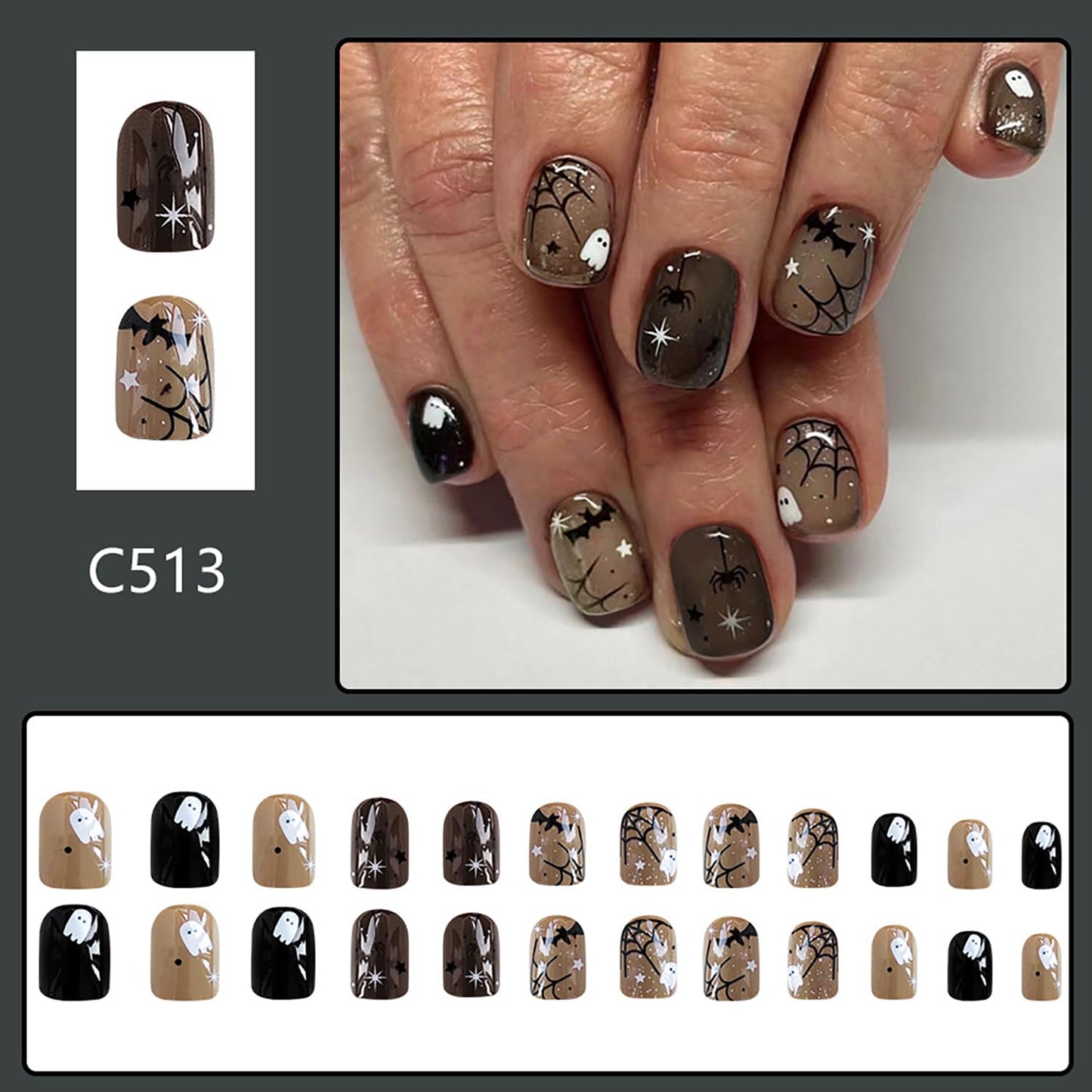 Brown Halloween Press on Nails Spider, Cobweb Stick on Nails Short Square False Nail Bat Ghost Nail Glue on Full Cover Matte Acrylic Nail Halloween Reusable Acrylic Nails for Women 24Pcs