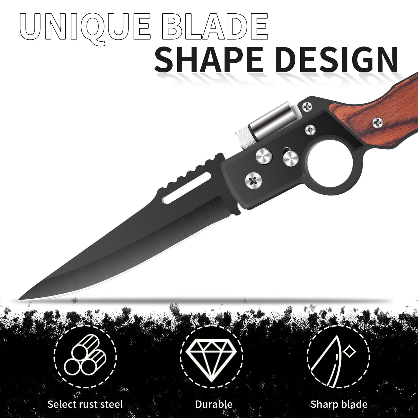 Uninuou AK47 Style Tactical Folding Pocket Knife （Black）– EDC Gift for Men with LED Light, Wood Handle & Pocket Clip, Laser Engraving Ready, Outdoor Camping Hiking Gear (1)