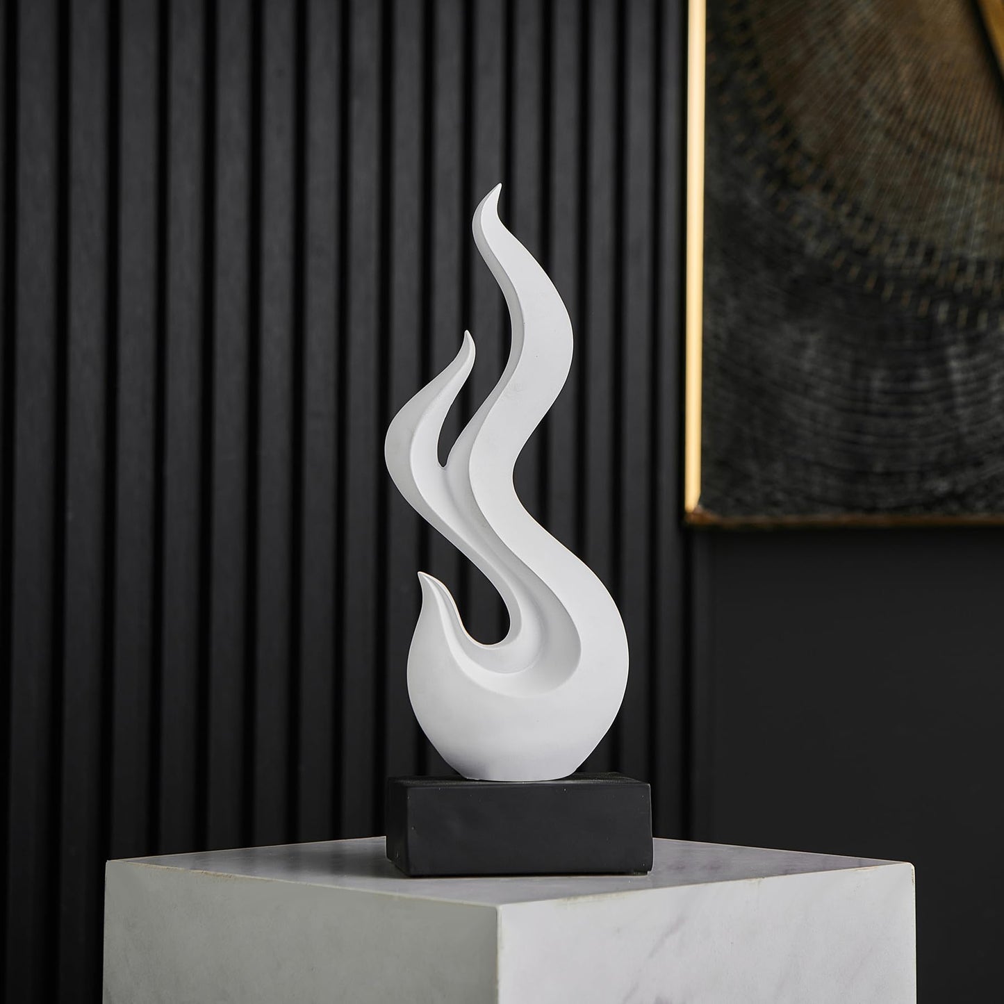 Modern Abstract Art Table Decoration, Gold Decor Flame Statue for Living Room Home, Black Shelf Decor Accents, Abstract Art Resin Sculpture for Dining Room, Office & Coffee Table Centerpiece (White)