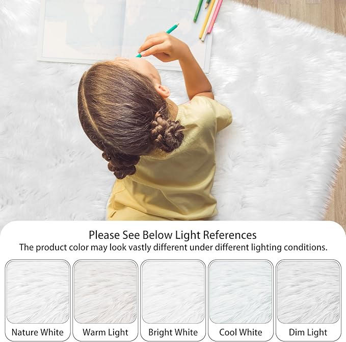 Ciicool 5 x 8 Feet Fluffy Faux Fur Area Rug White Faux Sheepskin Furry Rugs for Living Room Sofa Floor Shaggy Fuzzy Carpet for Bedroom Soft Plush Rugs Nursery Home Décor Rectangle