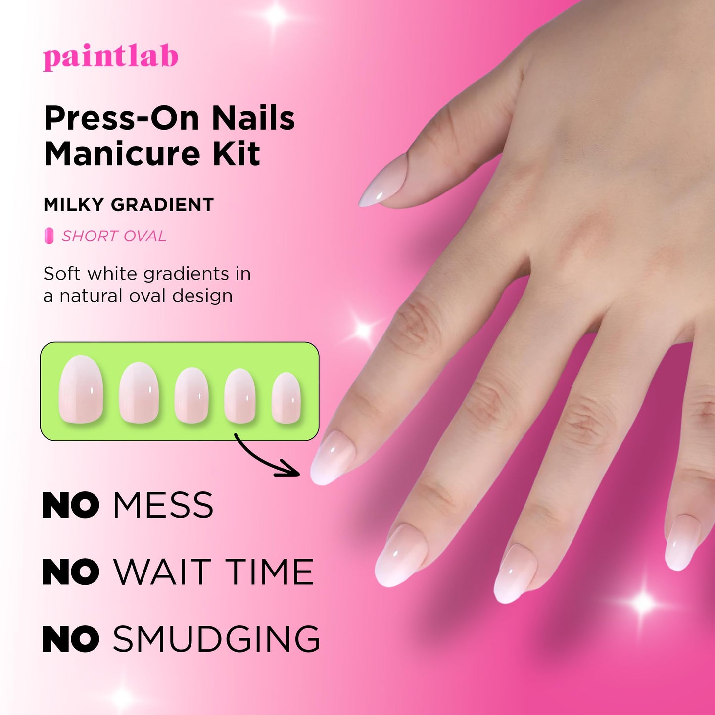 PaintLab Press On Nails - Milky Gradient NudeOval Fake Nails, 30 Nails in 15 Sizes with Glue, Reusable Salon Quality Press On Nails
