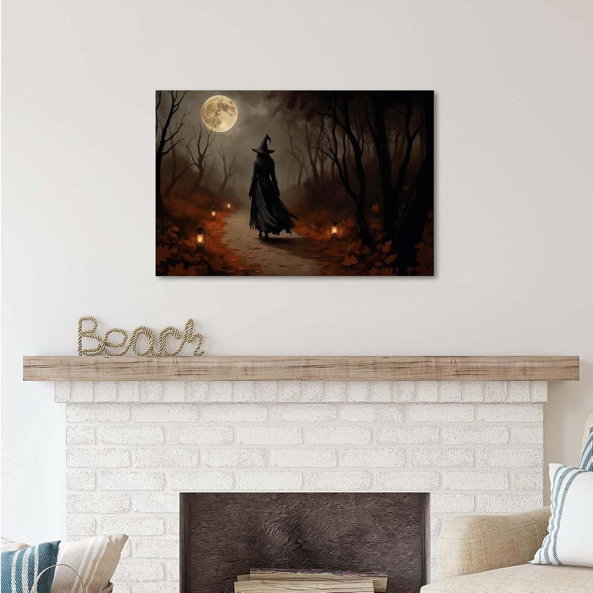 Moonlight witch poster dim lantern Halloween decoration Gothic style dark retro college style canvas wall art suitable for living room bedroom16x24in Wood Framed