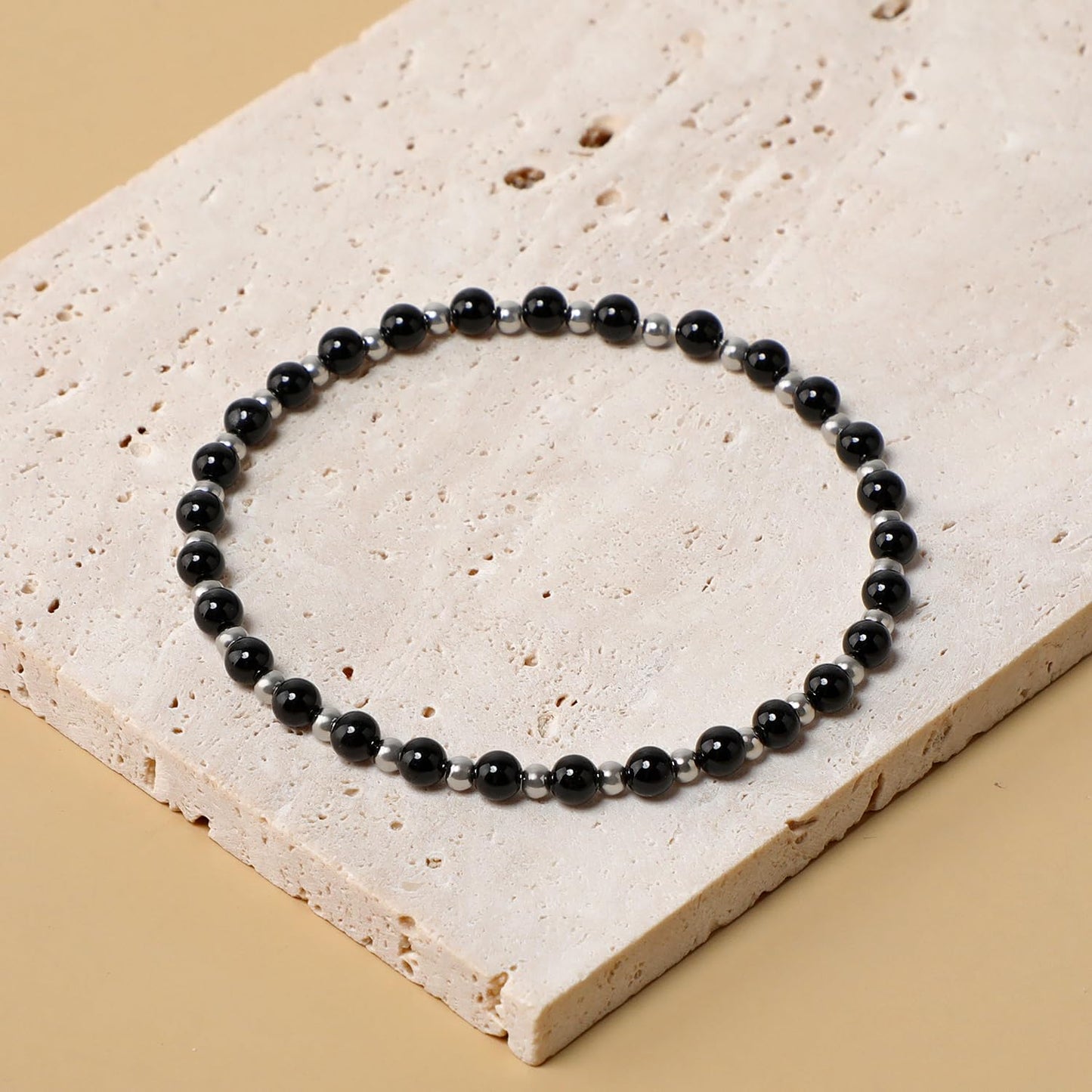 QOGIR Black Onyx - Protecting and Grounding - Stainless Silver Beads Natural Gemstone Stretch Elastic Dainty Healing Beaded Bracelets Gifts 4mm