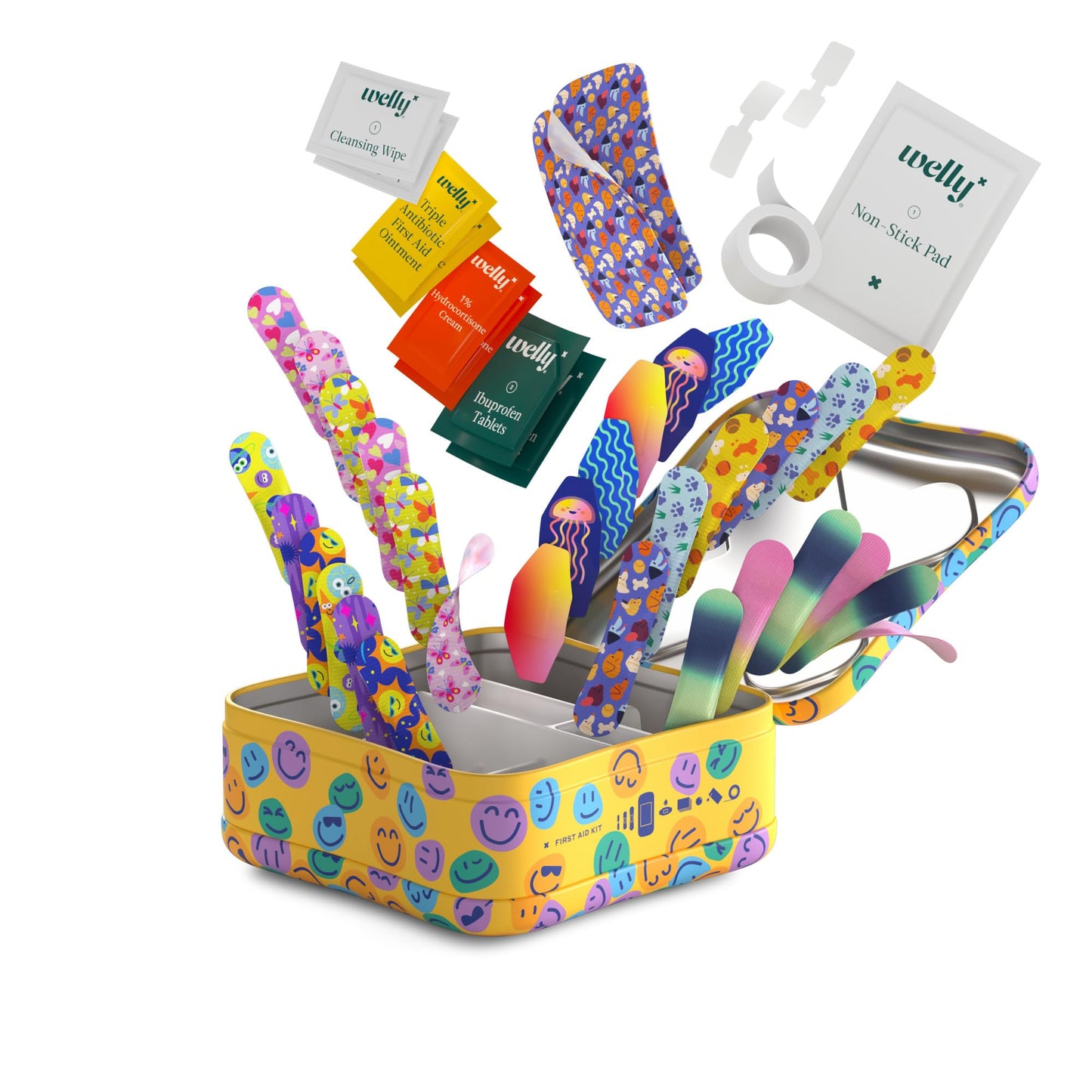 Welly First Aid Kit - Bravery Badges in Flexible Fabric and Waterproof, Tape and Non-Stick Pads, Butterfly Strips, Singe Use Ointments Triple Antibiotic and Hydrocortisone, and Ibuprofen - 130 Count
