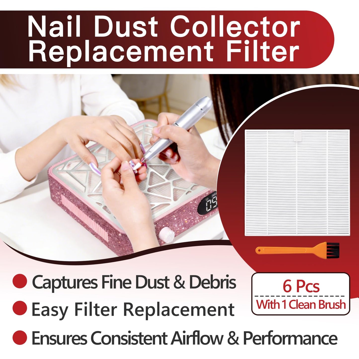 6 Pcs Nail Dust Collector Replacement Filter Compatible with CHRISTINE SHELLY X10 Nail Dust Collector, Reusable Replacement Filters with 1 Clean Brush, Easy to Clean(White)