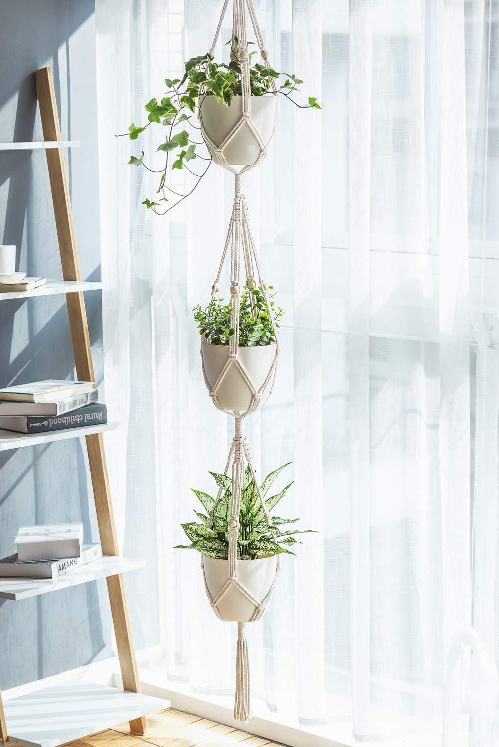 Mkono 1 Pack 43 Inch Macrame Plant Hanger and 1 Pack 70 Inches 3 Tier Macrame Plant Hanger Hanging Planter Basket