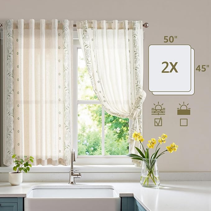 jinchan Winslow Linen Curtains 45 Inch Length Small Window Curtains Embroidered Bordered Floral Drapes Light Filtering for Bathroom Laundry Room Kitchen Farmhouse Decor Sage on Beige 2 Panels