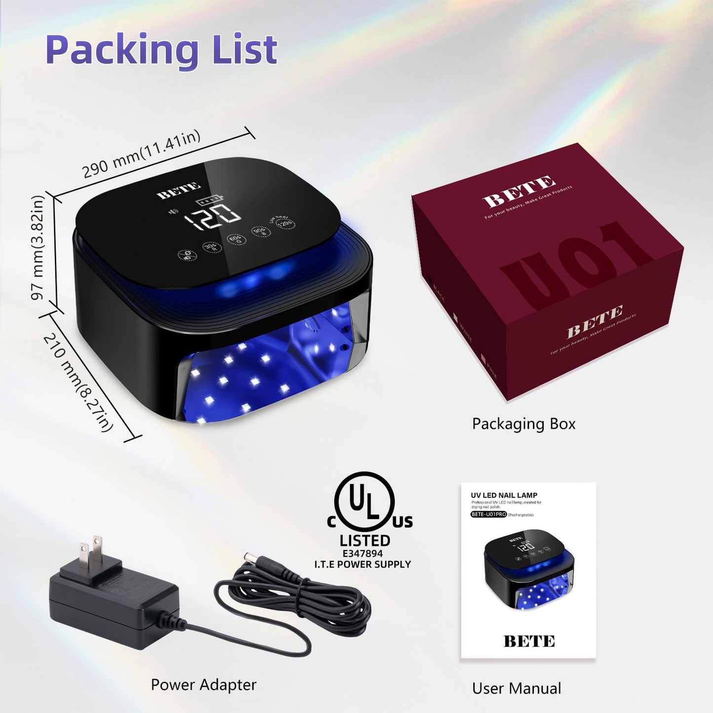 BETE 60W Cordless UV LED Nail Lamp - Rechargeable Gel Polish Dryer with Auto Sensor, 30 Beads & 4 Timer Settings Portable for Home/Salon Black