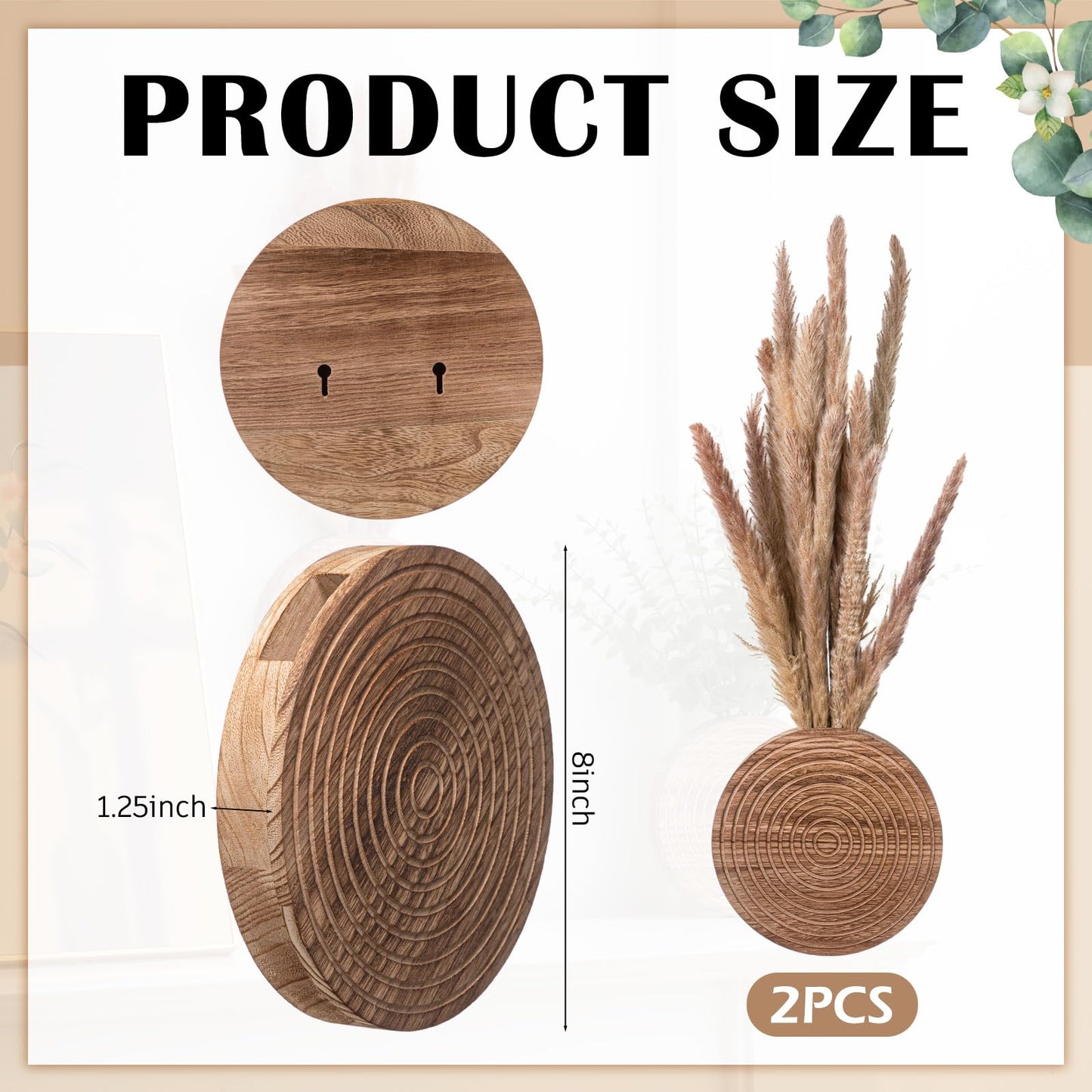 Teecyhooo 2 Pack Wooden Round Wall Vase for Indoor Plants Boho Modern Farmhouse Wall Decoration for Living Room, Bathroom Entryway, Hallway Artificial Flower Plants