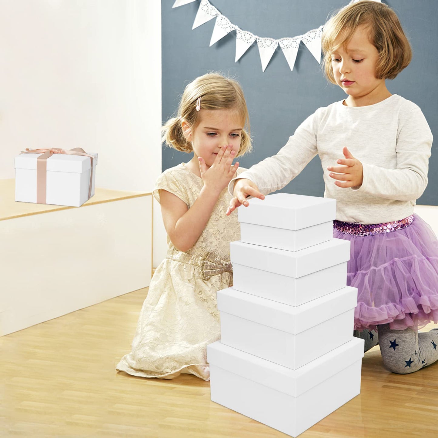 White Gift Boxes for Presents 4 Pack Nesting Gift Boxes with Lids，3.7“-6.4“ Assorted Sizes Square Stackable Boxes for Birthday Wedding Christmas Party Gift Wrapping