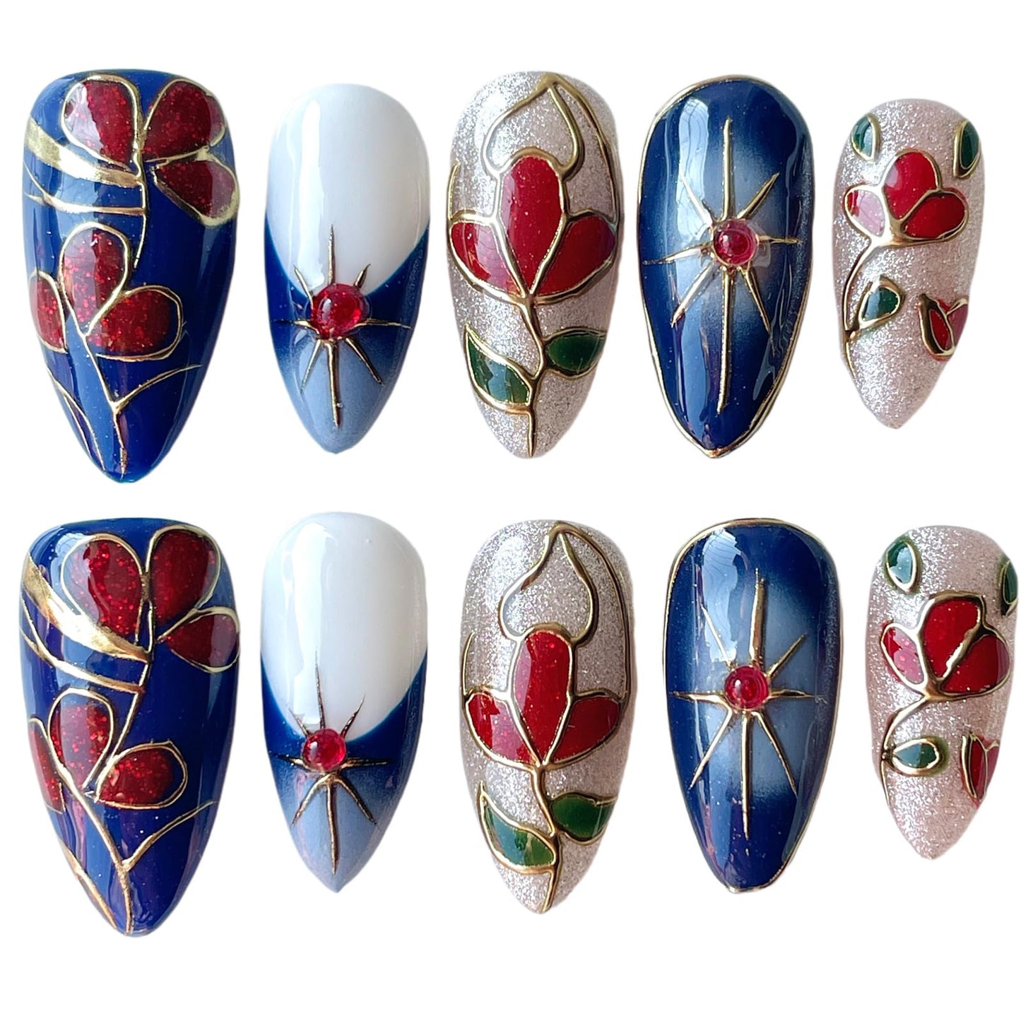 Handmade Press On Nails, Medium Almond Hand-Painted Floral Design, Luxury Blue & Red Art with Gold Outline Design, Reusable Acrylic Fake Nails Set Enamel (M)