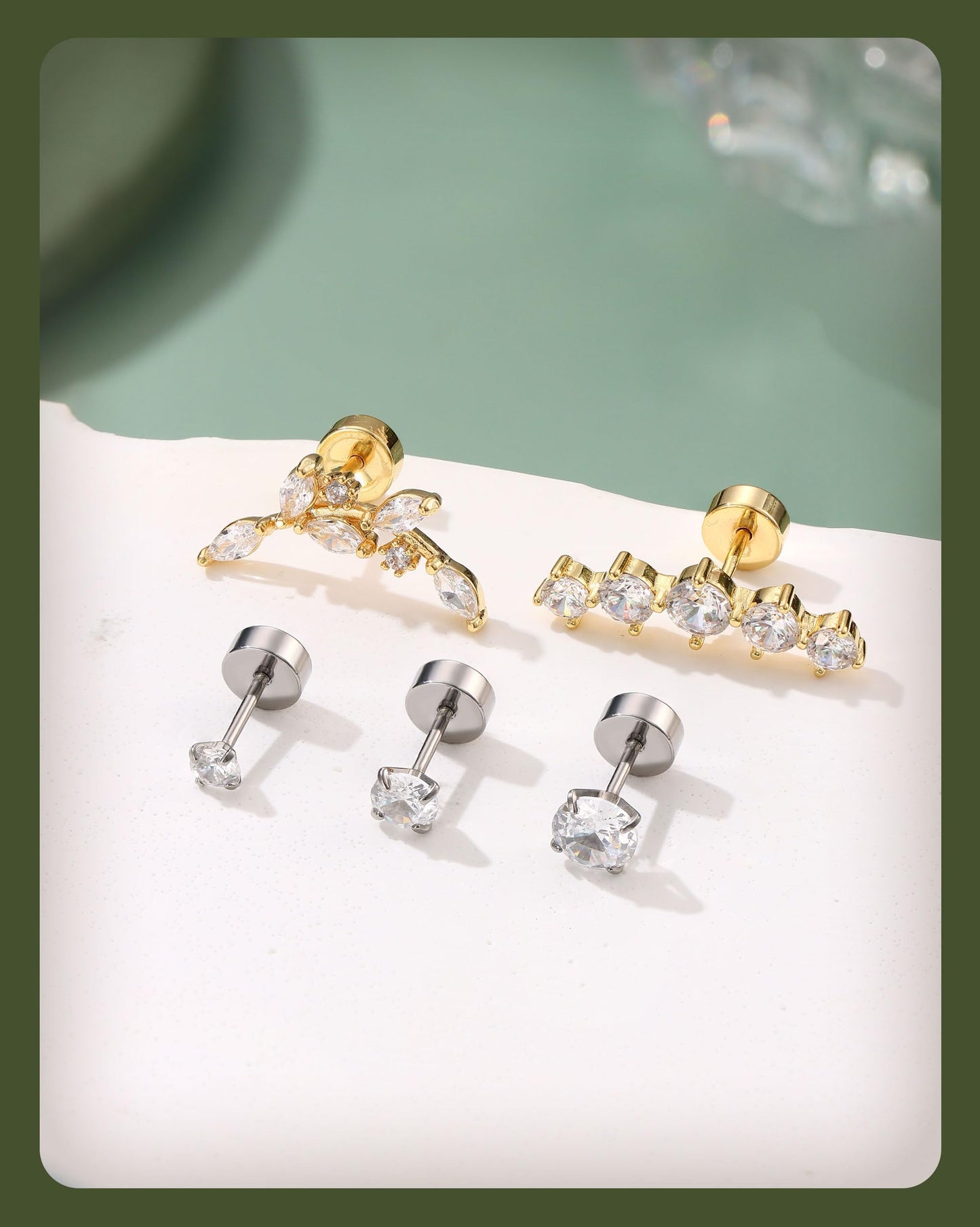LOLIAS Hypoallergenic Flat Back Earrings Cartilage Earring Stacks - Surgical Steel Earrings for Sensitive Ears - Small Stainless Steel Flatback Stud Hoop Earring Sets for Helix Tragus Conch Daith Multiple Piercing Jewelry Trendy 14K Gold Plated
