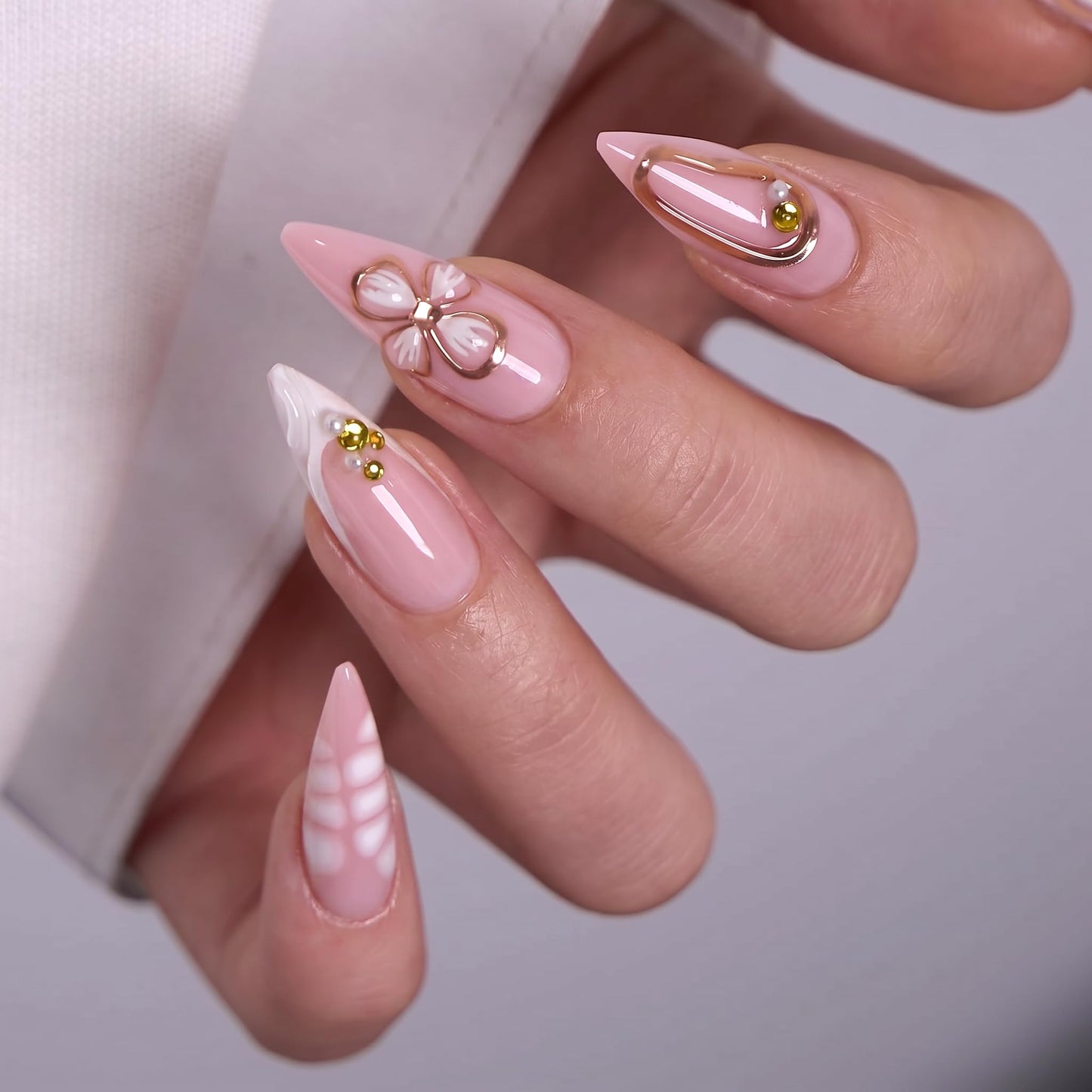 CurvLife Soft Gel Stiletto Almond Press-On Nails Long, Reusable Fake Nails with Glue & Adhesive Tabs, 30PCS Salon-Quality Stick-On Nails for At-Home Manicure (Ivory Bloom)