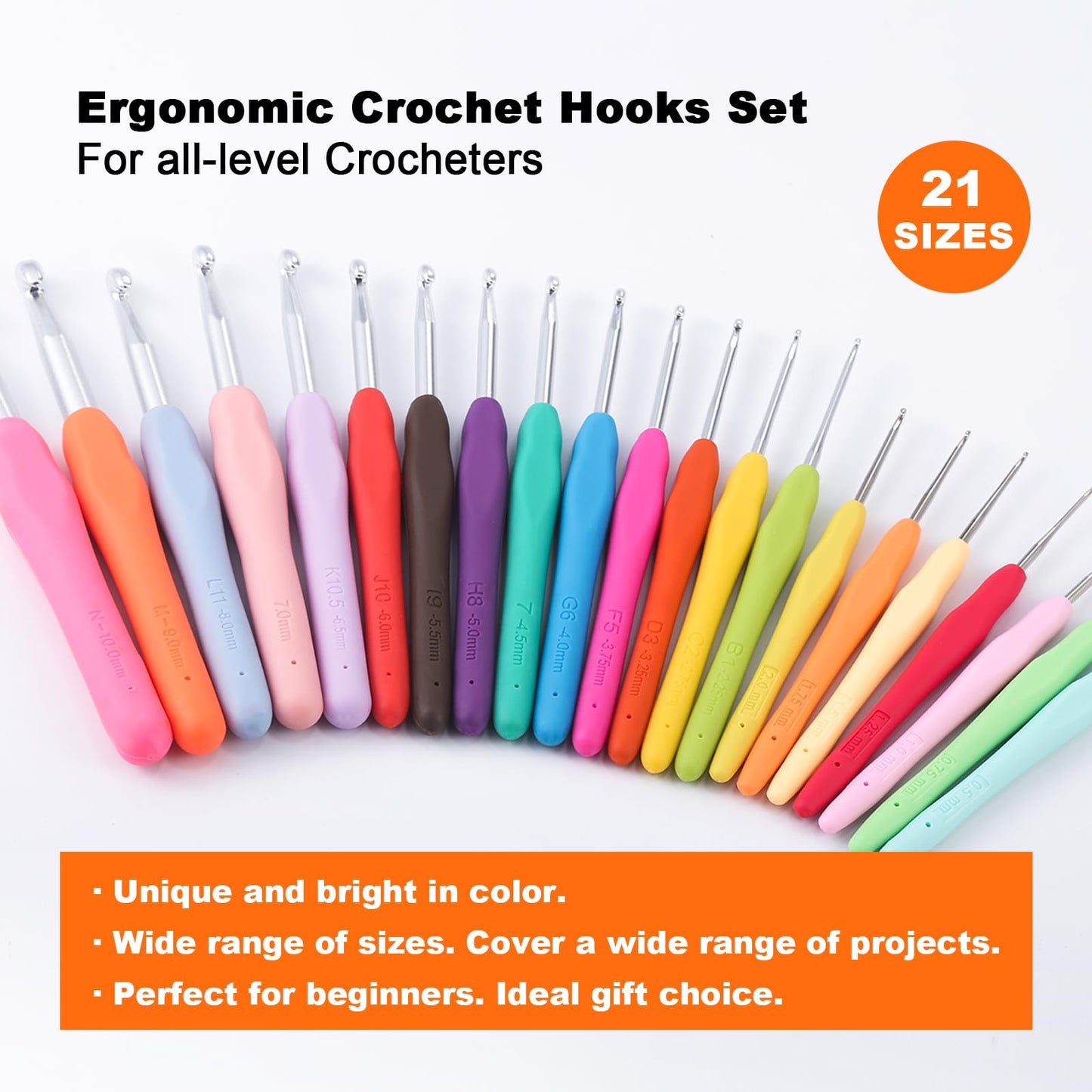 YOJOB 21 Sizes Crochet Hooks Set 0.5mm-10mm, Plus Crochet Accessories and Holder﻿, Complete Set Ergonomic Crochet Hook Kit for Beginners
