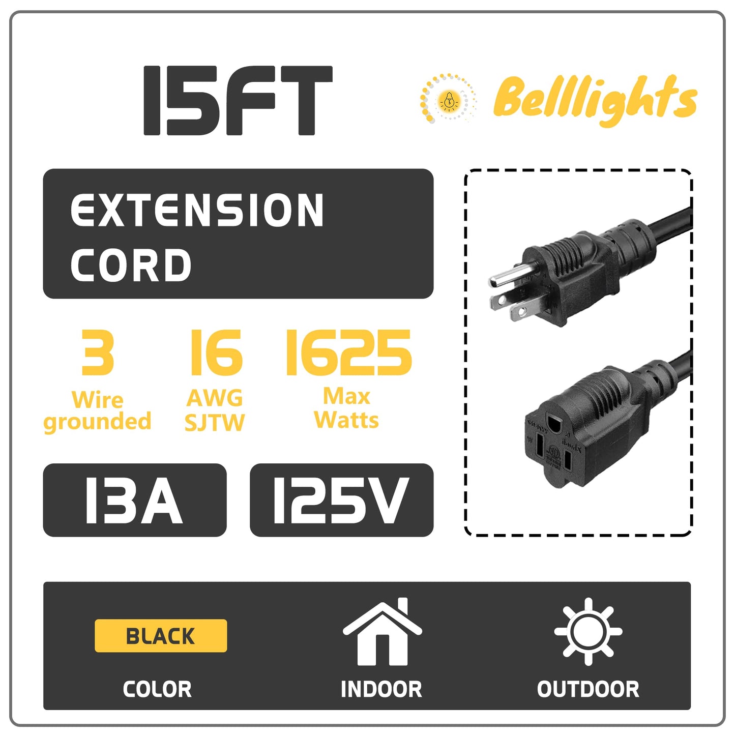 BELLLIGHTS 2-Pack 15ft Extension Cord 16 SJTW AWG Heavy Duty 3 Prong Power Cord