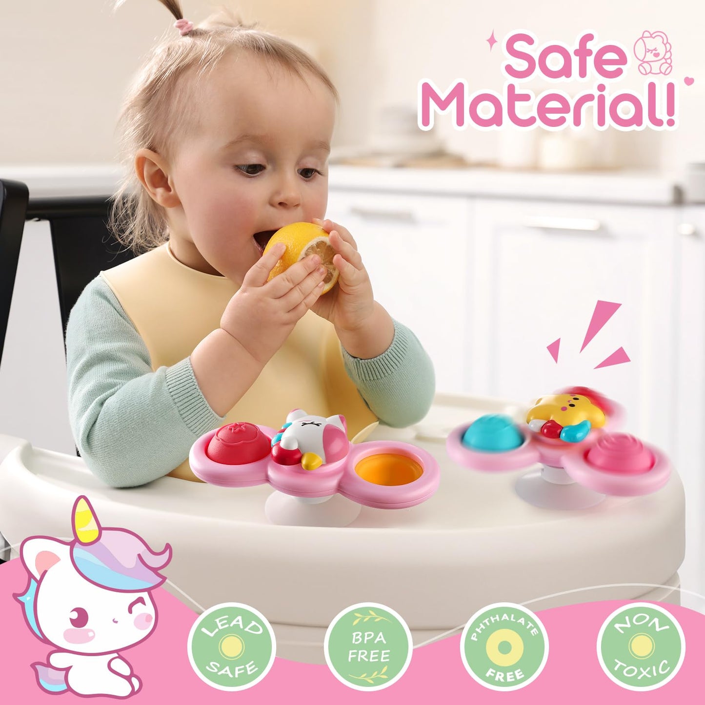 ALASOU 6 PCS Suction Cup Rotating Toys(3 Farm+3 Unicorn) for Infant and Toddlers