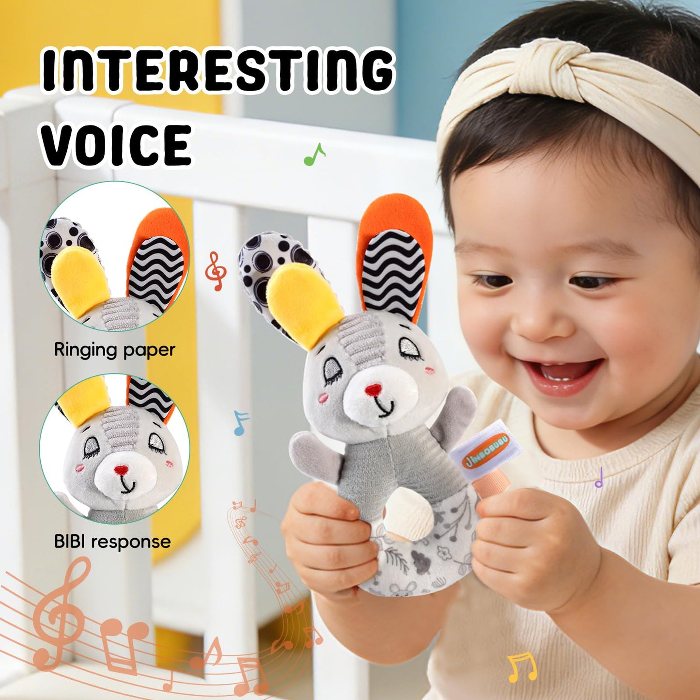 Sensory Shaker Rattle for Babies 0-6 Months, Infant Developmental Toys with High Contrast Patterns, Soft Plush Rabbit & Textured Ring for Auditory Visual Tactile Learning