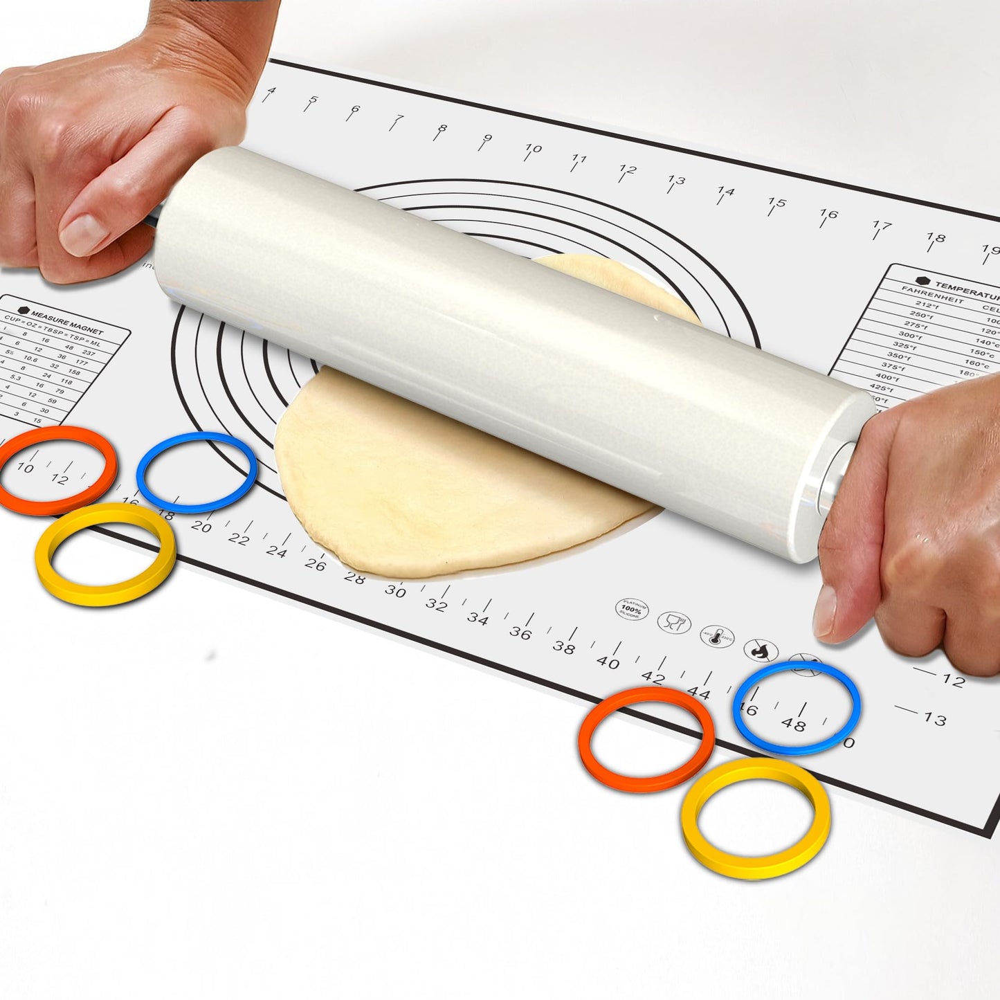 Mepple Marble Rolling Pin with Stainless Steel Handle for Baking,Fondant,Pizza,Cookie Crust,Pie,Cookies,Pastry, 18.5”(Includes handle) Marble Rolling Pin with 3 Multi-Color Thicknesses and Wood Stand