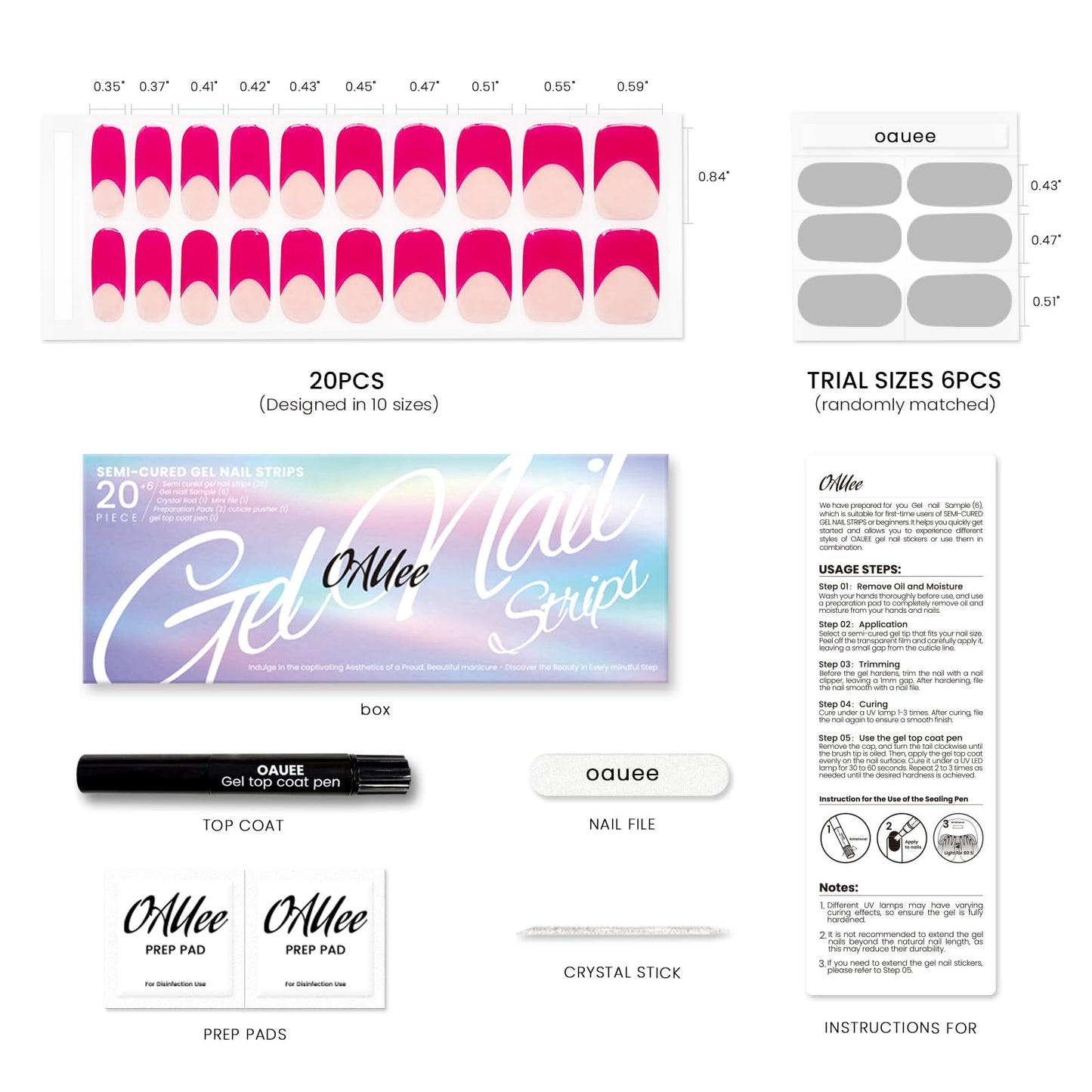 Oauee Semi Cured Gel Nail Strips | Built-In Gel Top Coat | UV Light Required | Salon Quality, Easy Application And Removal (Pink French)