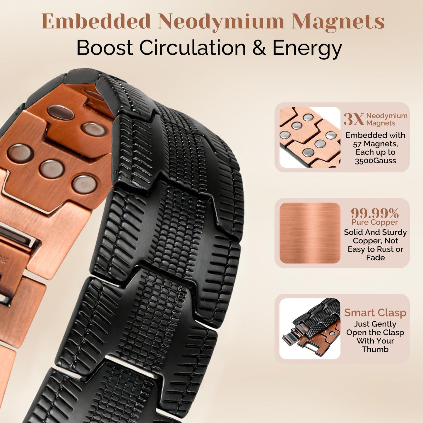 JEROOT Men's 99.99% Pure Copper Magnetic Bracelet, 3500 Gauss Magnets Adjustable with Sizing Tool
