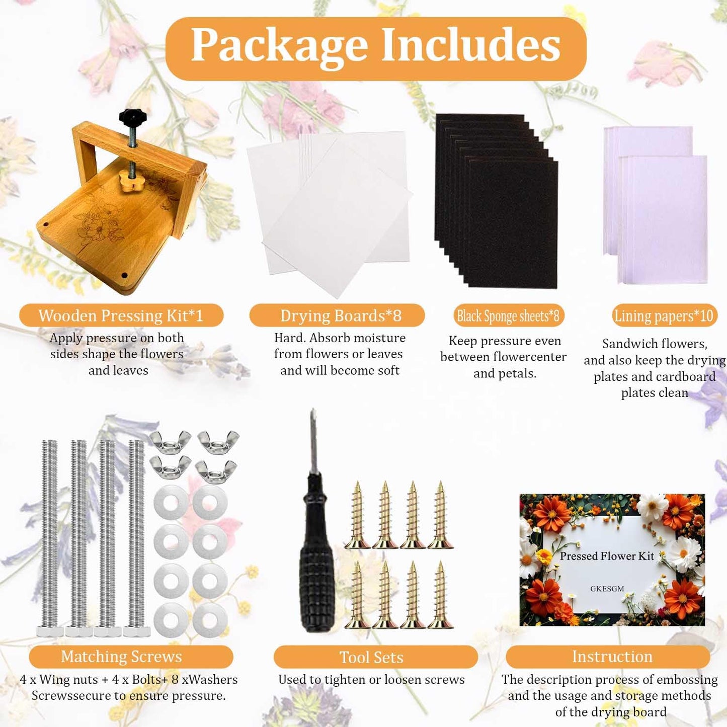 Gkesgm Large Flower Press Kit - 8 Layers 11" x 7.08" Beechwood Flower Pressing kit with Storage Bags,Dried Flower Plant for DIY Art & Crafts Gift for Craft Lovers