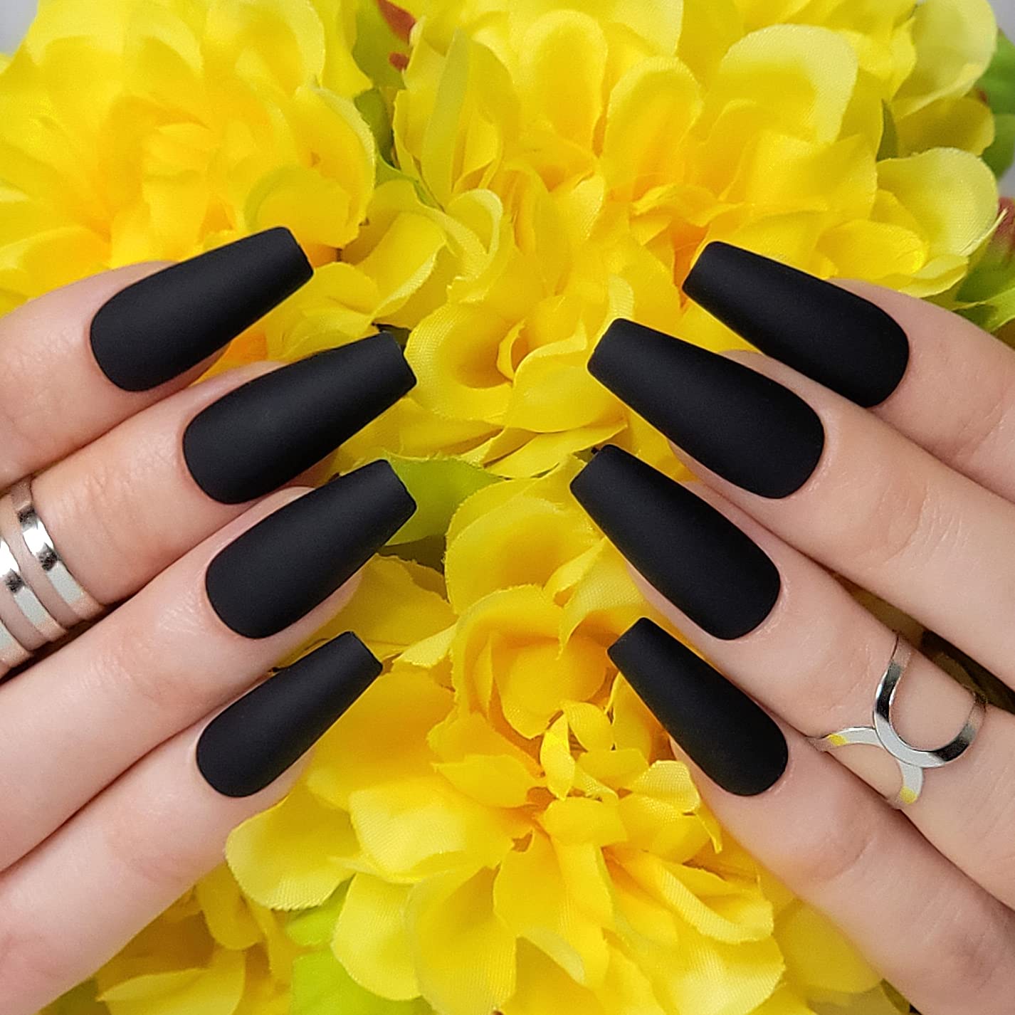 Hypnaughty Press On Nails - Caviar Black Almond & Noir Matte Black Coffin, Trendy & Salon Quality Reusable Nails With Kit