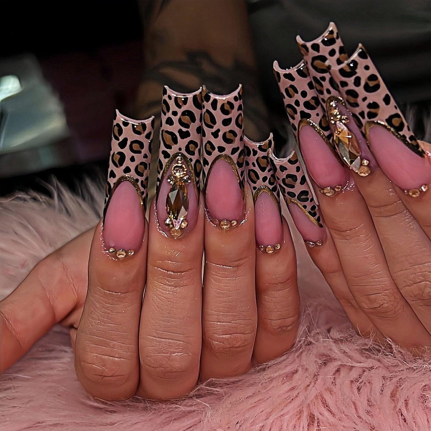 IMRAIN Long Square Press on Nails Leopard Print French Tip Fake Nails with Rhinestone Designs Brown Acrylic False Nails Glossy Fall Glue Stick on Nails for Women 24Pcs