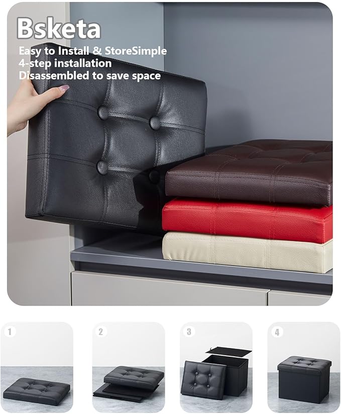 Storage Ottoman, Folding Foot Stool with Thicker Foam Padded Seat Small Leather Storage Ottoman Bench Foot Rest for Living Room Foldable Coffee Table 17x13x13in,Black