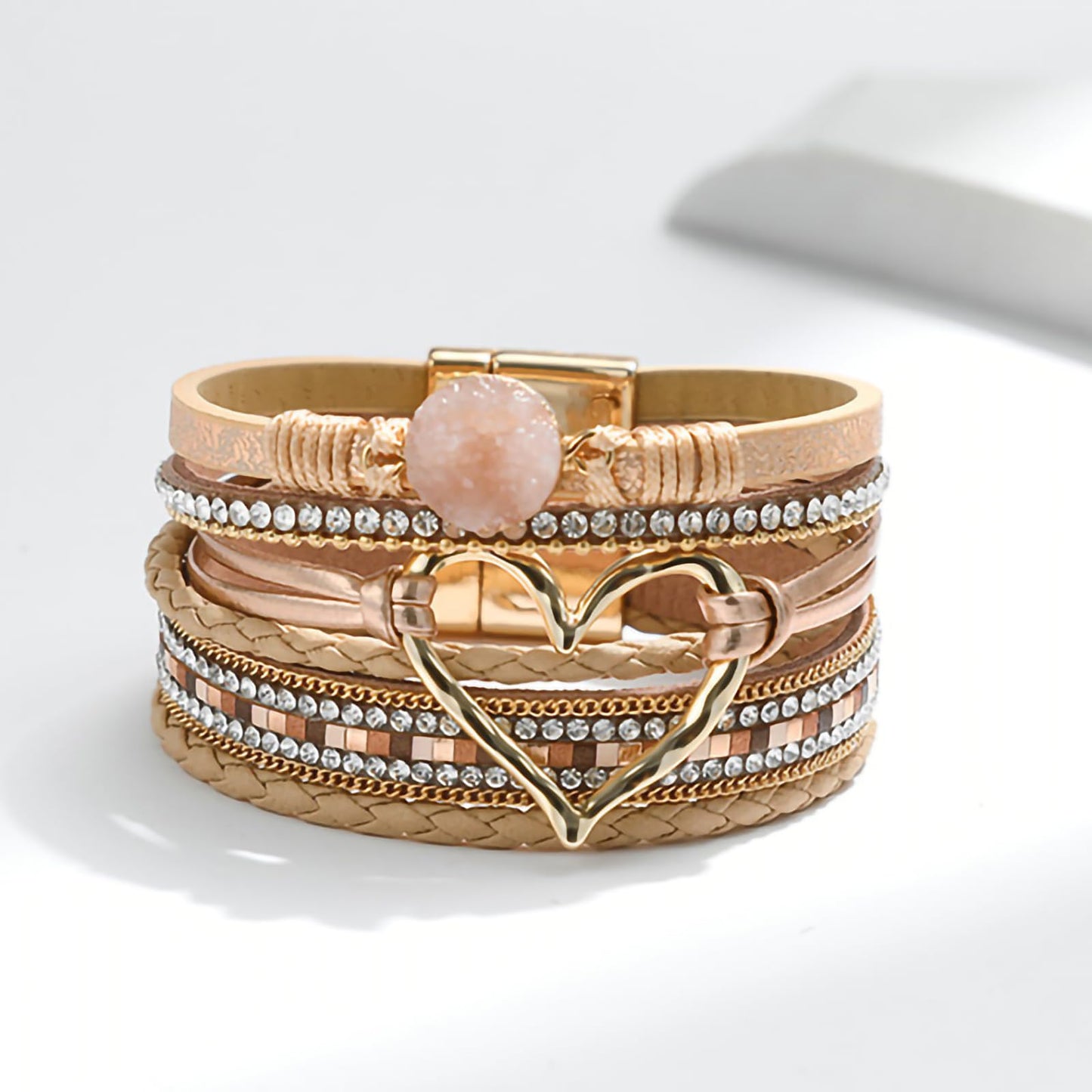 Leopard Bracelet for Women, Boho Leather Wrap Multi-Layer Pearl Crystal Bracelet Bangle Jewelry (Heart Leather1)