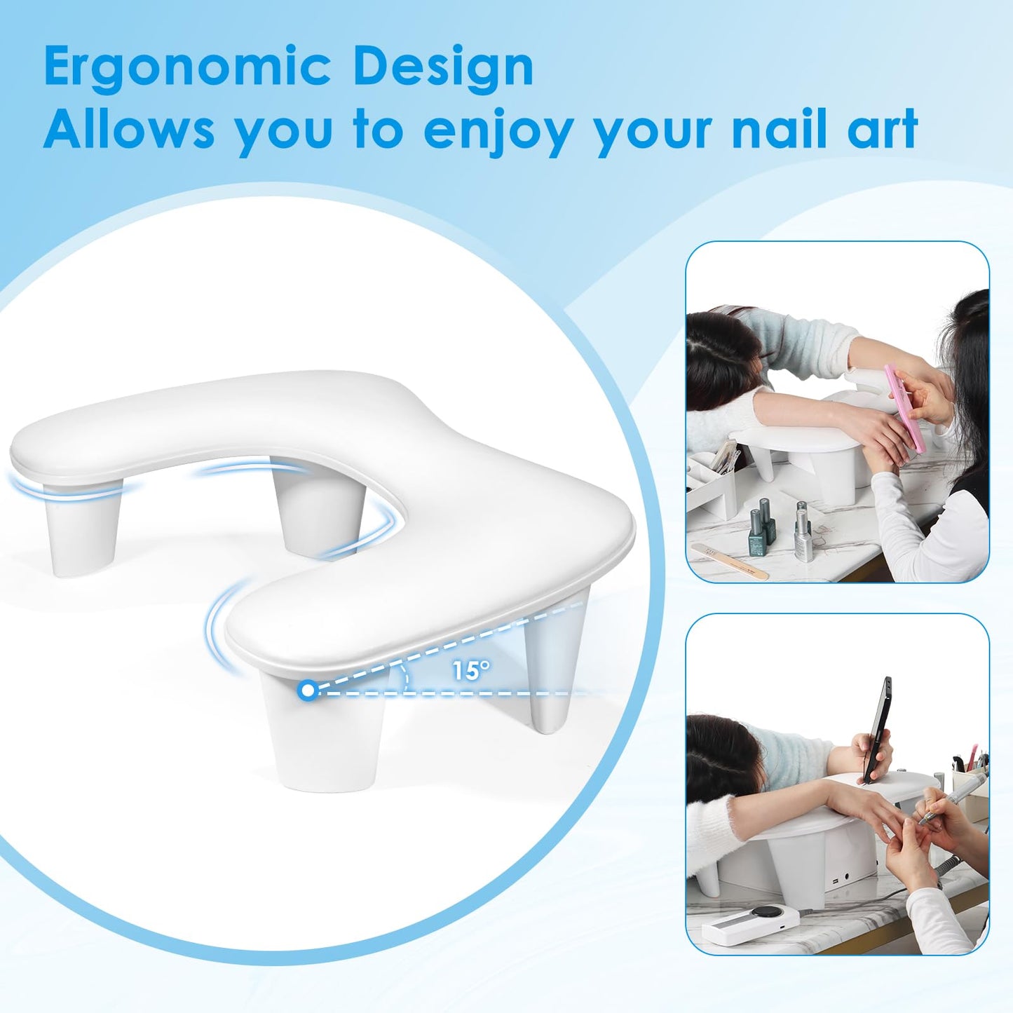 LIONVISON Arm Rest for Nails Tech U Shaped - Comfortable Manicure Nail Hand Rest Pillow Cushion, Nail Armrest Stand for Acrylic Nail Art Tech, Quick Installation, White