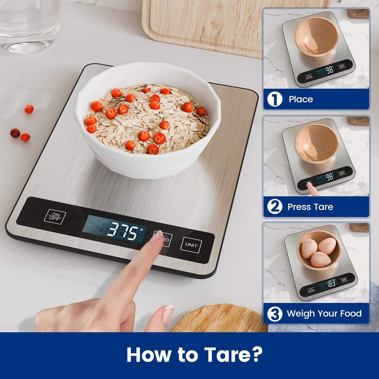 【33 lb & USB Rechargeable】 Digital Kitchen Food Scale Kitchen Scale, Stainless Steel Digital Weight Grams and Oz, Baking and Cooking, 0.1oz/1g Precise, 6 Weight Units (B1)