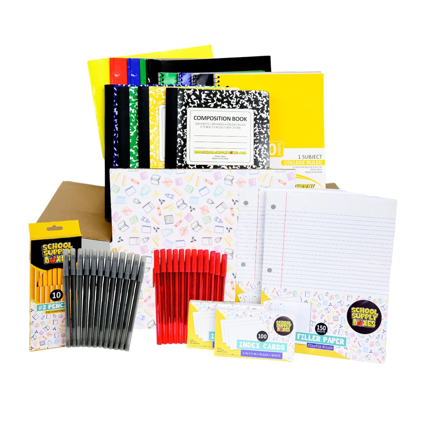 High School Writing Bundle | 1 Box - 51 Pieces per Box | School Supply Boxes - Back to School Essentials | Includes Composition Books, Loose Leaf Paper, Index Cards, 12 ct. Pens & More
