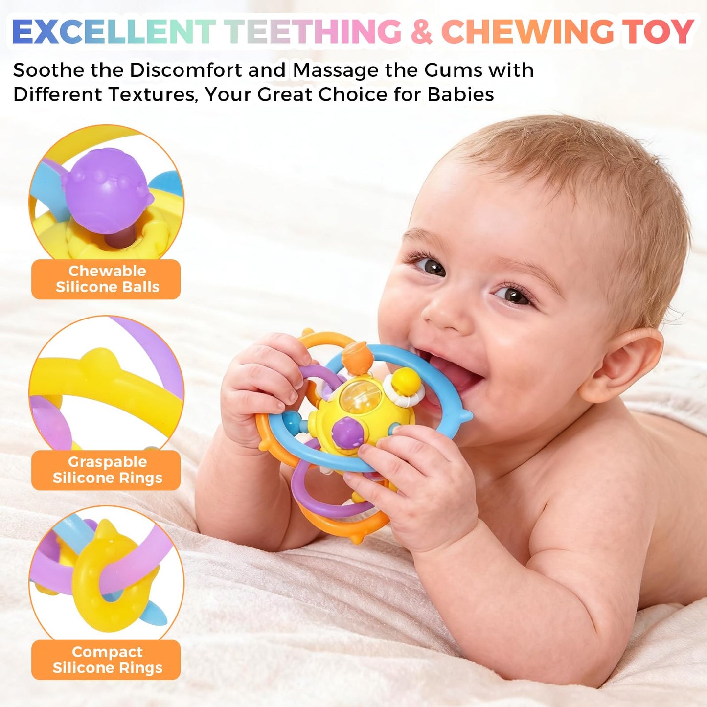 ANGELLE Silicone Teething Toys for Babies 0-18 Months, Montessori Sensory Teethers for Gum Relief, BPA Free Food Grade Chew Toys