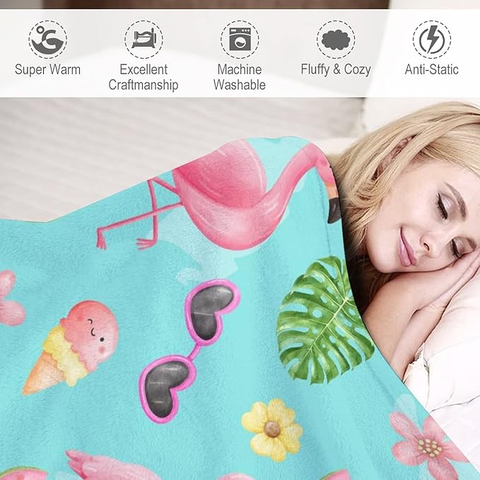 Custom Flamingo Blankets Gifts with Name - 60 x 80 Inches Cute Throw for Men & Women - Green Fluffy Comfort Furry Flamingo Blankets for Bed