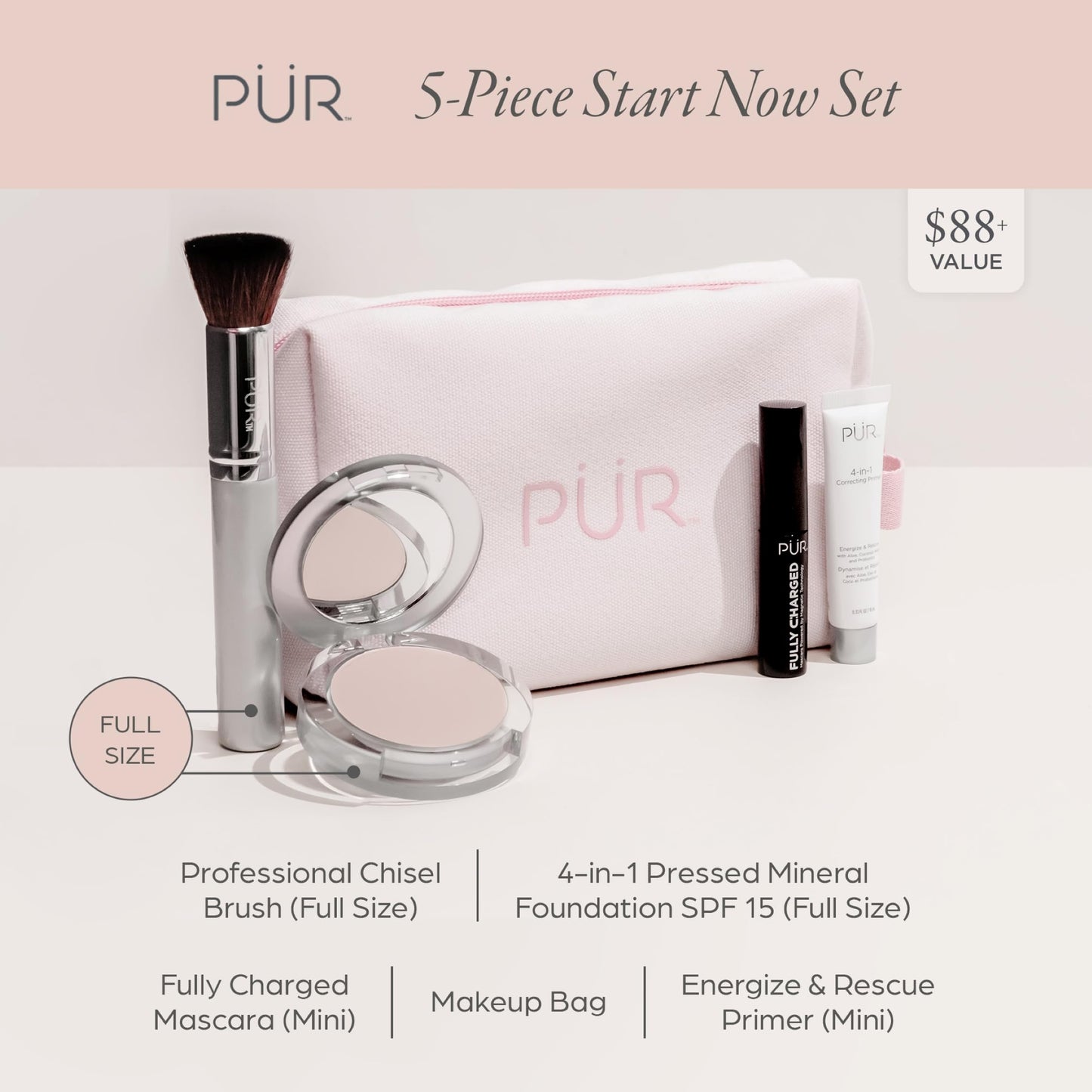 PÜR MINERALS Multitasking Essentials Kit, Medium Dark - Makeup Gift Set Includes 4-in-1 Correcting Primer, Fully Charged Mascara, 4-in-1 Pressed Mineral Powder & 1 Chisel Brush