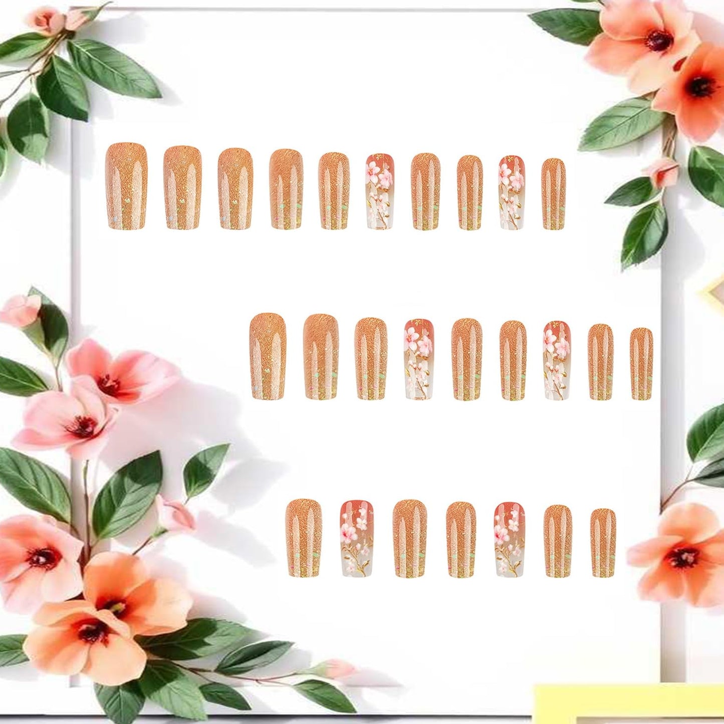 Flower 3D Press on Nails Medium Ballet Shaped Gold Glitter Powder Design Full Cover Glossy Floral Acrylic False Nail Glitter Artificial Fingernails DIY Blossom Press Ons Stick on Nails for Women 24Pcs