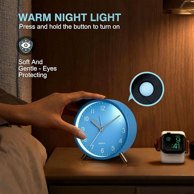 Analog Alarm Clock, Silent Non-Ticking with Night Light, Fashionable Round Metal Alarm Clock for Office, Battery Operated, Bedroom, Elderly, Adults, Women, Men, Children, Student Gifts
