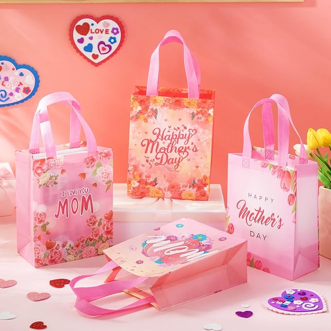 Wesnoy 60 Pcs Mother's Day Gift Tote Bags Bulk 10 x 8 x 4 Inch Reusable Floral Non Woven Gift Wrap Goodie Treat Bags with Handle Happy Mothers Day Party Favors for Mom Grandma Shopping Party Supplies