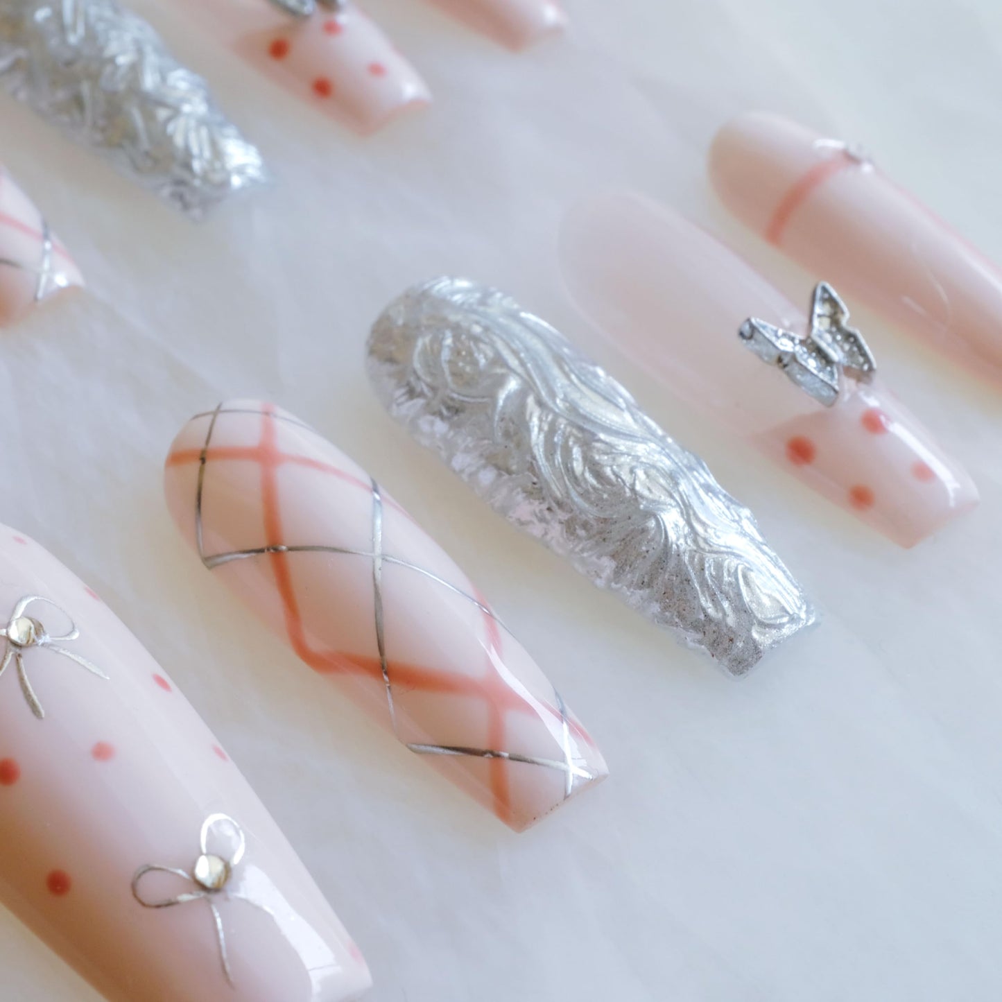 GLORS Press-on Nails, Long Ballerina Style, Pink with 3D Silver Butterfly and Bow Design, Handmade False Nail 10 Pieces (Small, LB)