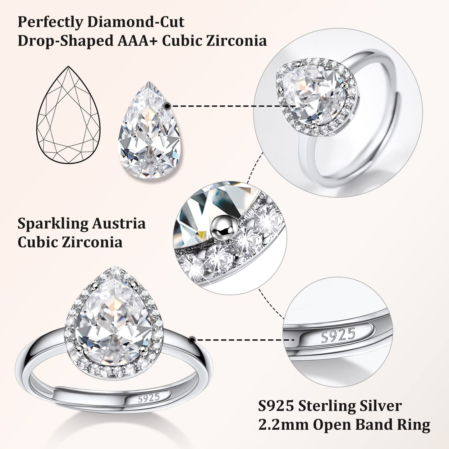 Bestyle 925 Sterling Silver Teardrop Cut Gemstone Cubic Zirconia Rings for Women April White Diamond Rings, Statement and Promise Ring for Engagement/Wedding/Anniversary/Valentines Day