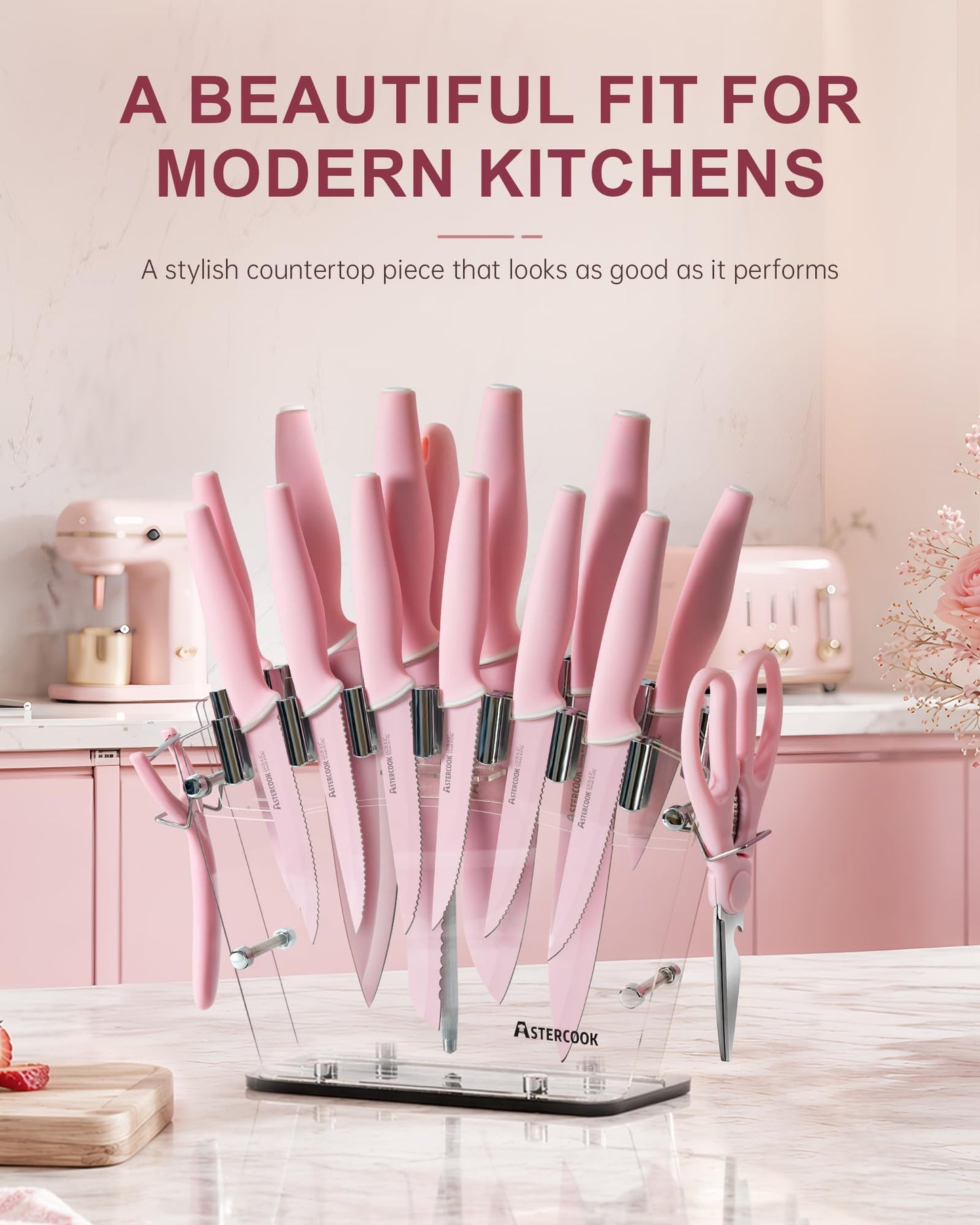Astercook Knife Set with Block and Sharpener, 22 Piece Kitchen Knife Set Dishwasher Safe, Space-Saving Clear Knife Block with Knives for Everyday Home Cooking Mothers Day Gifts Pink