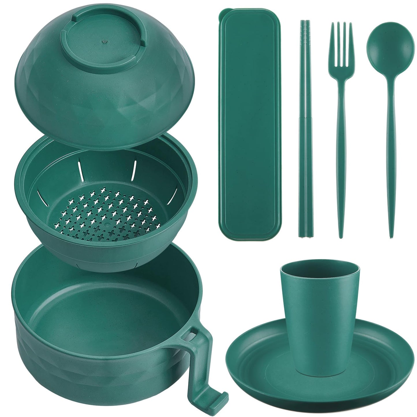 Romooa 6 Pcs Microwave Ramen Cooker Set Microwavable Wheat Straw Dinnerware Sets with 40oz Ramen Bowl, Plates, Cups and Cutlery Box, Dishwasher Safe Camping College Dorm (Dark Green)