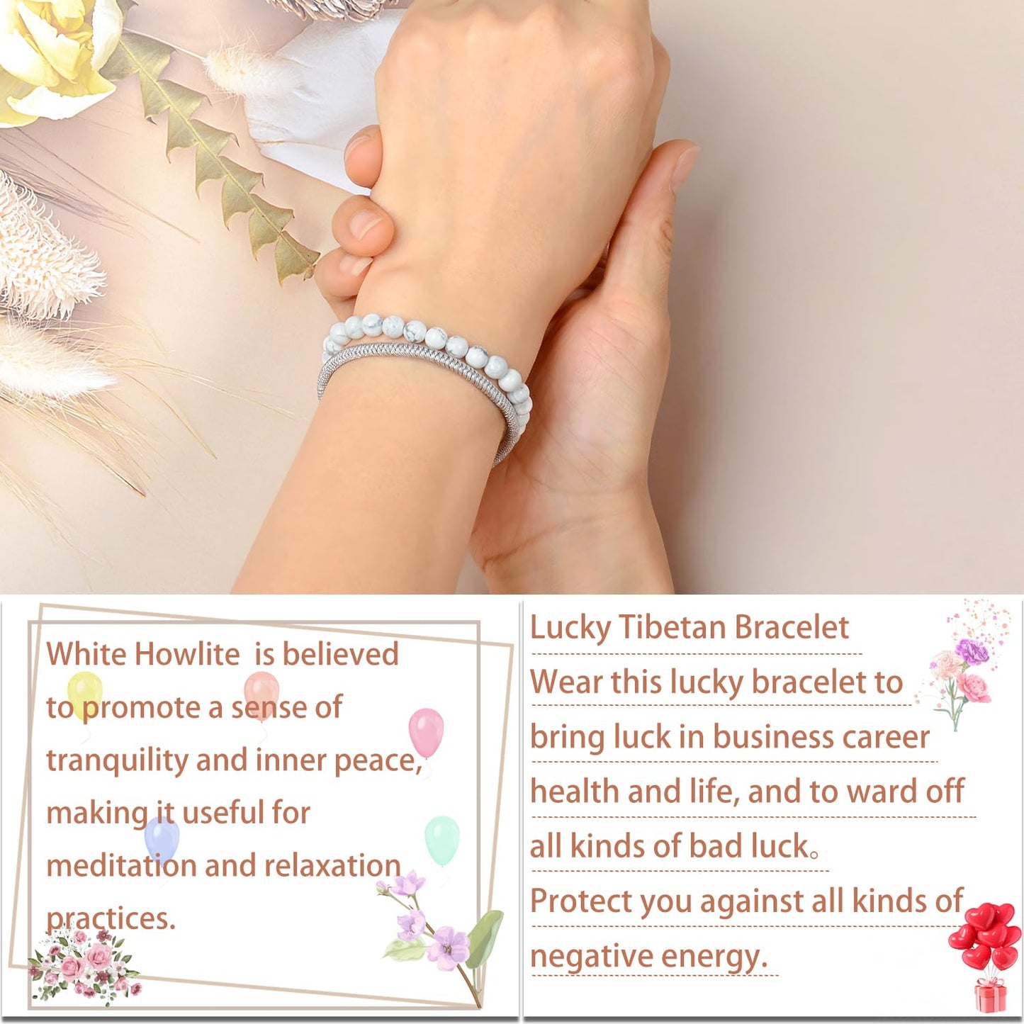 LPBeads 6mm White Howlite Bracelet with Handmade Rope Bracelet Size Adjustable Natural Stone Crystal Healing Bracelets Gifts for Unisex Adults