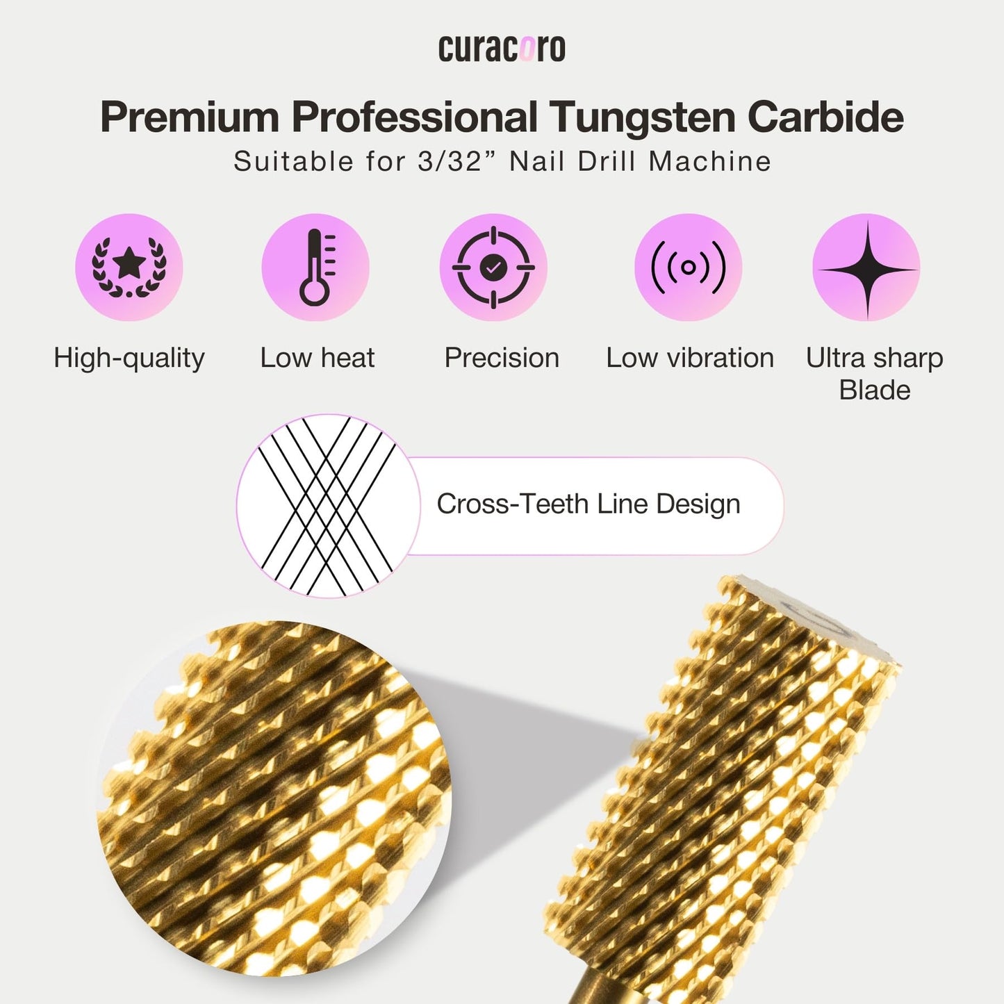 Curacoro Nail Drill Bits 3/32'' - Safe Smooth Stop Large Barrel Carbide Bit (Coarse), Fast Remove Acrylic or Gel Nails, Long-lasting Bits for Nail Beds, Nail Art Salon & Home