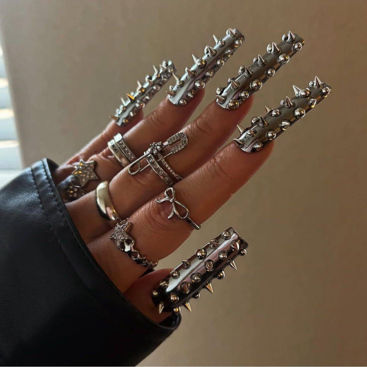 IMRAIN Press on Nails Long Square Fake Nails Metal Silver Acrylic False Nails with Rivets Design Chrome Gothic Full Cover Y2K DIY Nail Supplies Stick on Nails for Women Manicure