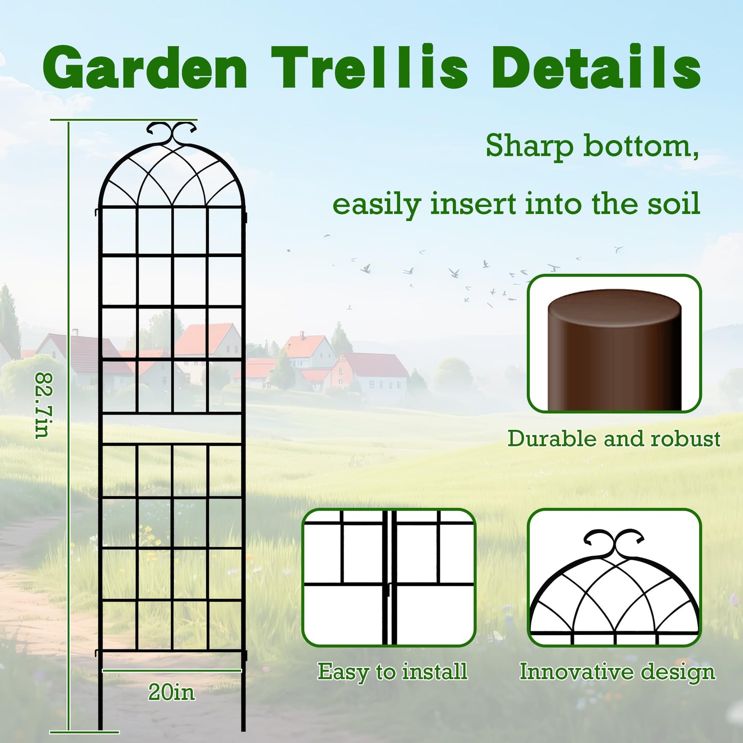 LZRS 2 Pack 83x20in Rustic Iron Arch Decoration Garden Trellis with Black Metal Coating – Perfect for Supporting Climbing Plants Outdoor, Roses, Vines, Flowers, and Vegetables.