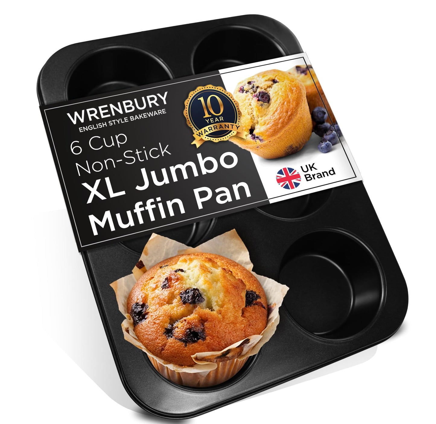 Wrenbury Jumbo Muffin Pan 6 Cup - Nonstick XL Deep Muffin Pan for Baking 4" Cup - Oversized Extra Large Cupcake Mold - Dishwasher Safe - PTFE Free - 446°F Oven Safe