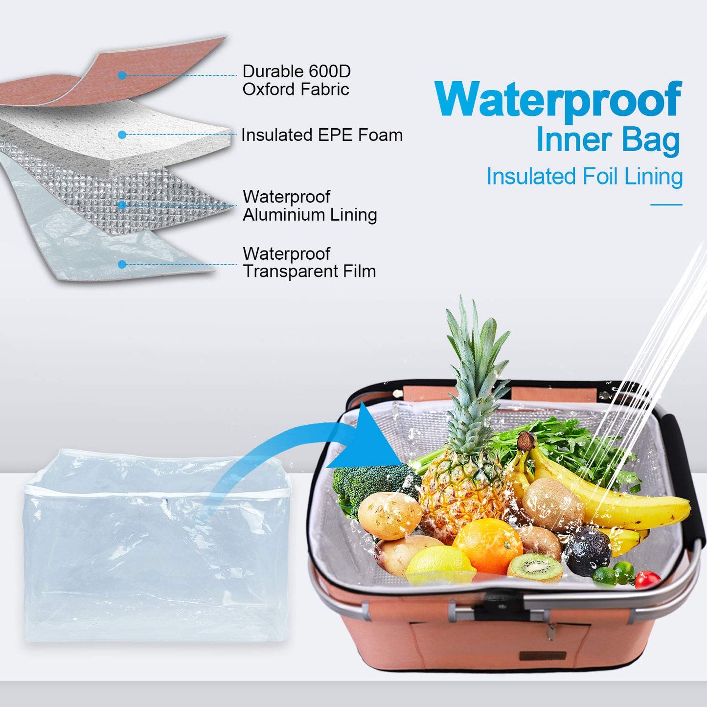 LIQING 35L Large Picnic Basket 2 Layers of Internal Pockets Leak-Proof and Insulated ，Folding with Internal Support for enhansed Stability, Wedding Gifts for Couple(Salmon Color)